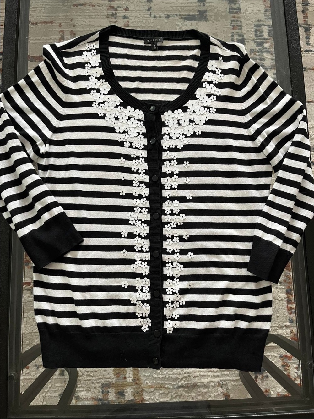 Talbots Black and White Striped Cardigan with White Floral Appliqué